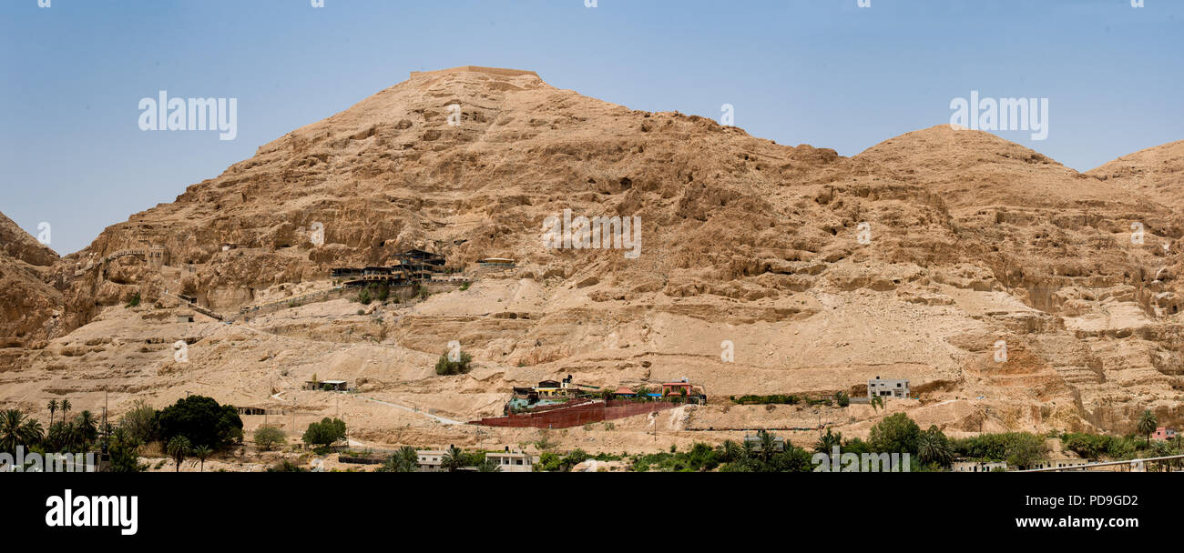 Panoramic view of the  Palestinian Mount of Temptation where Jesus resisted the tempratations of Satan after fasting for 40 days in the desert.  The m Stock Photo
