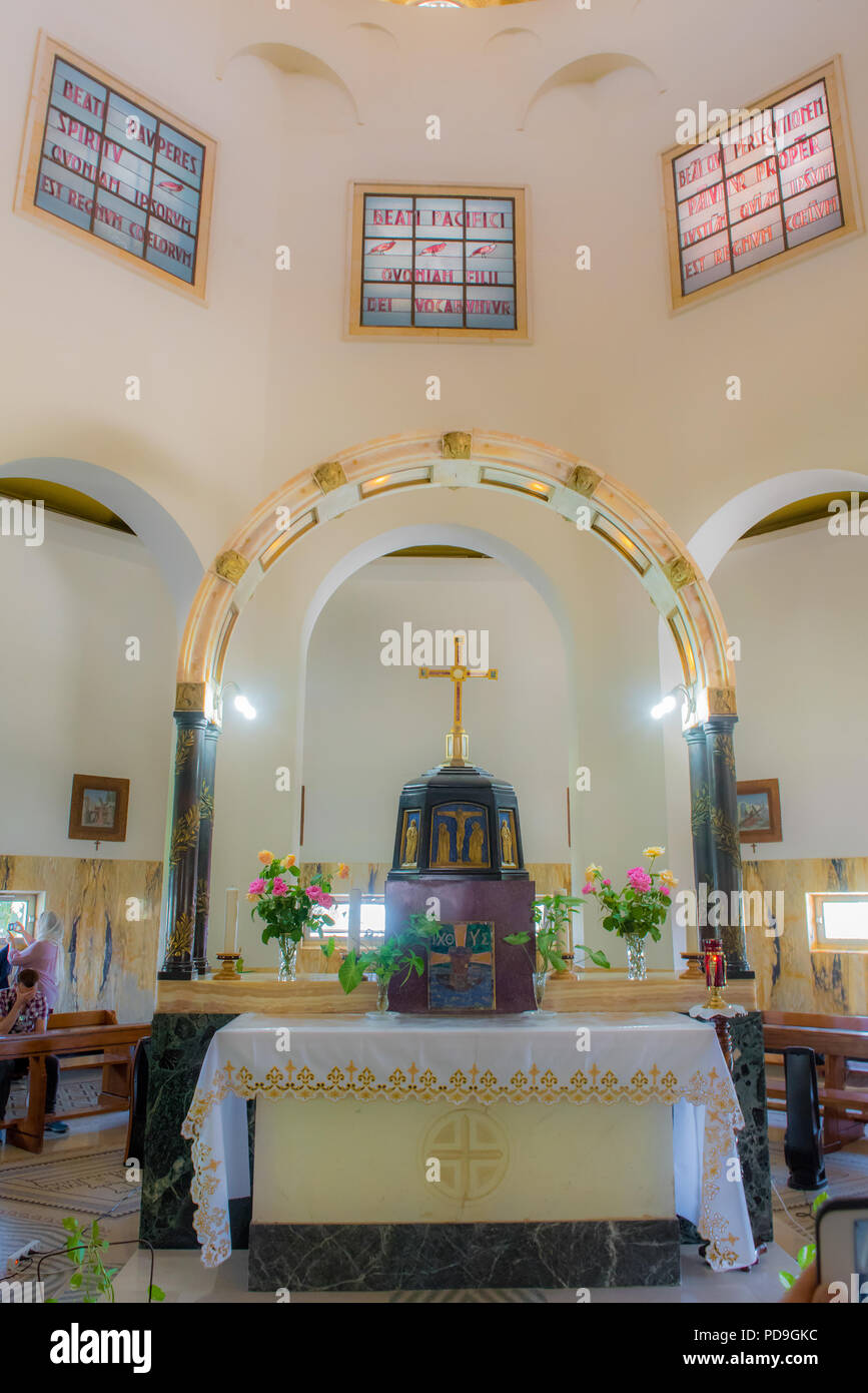 Mount of the Beatitudes, Israel May 18  2018:The altar of the Franciscan Catholic churce with three of  the Beatitudes from the Sermon on the Mount wr Stock Photo