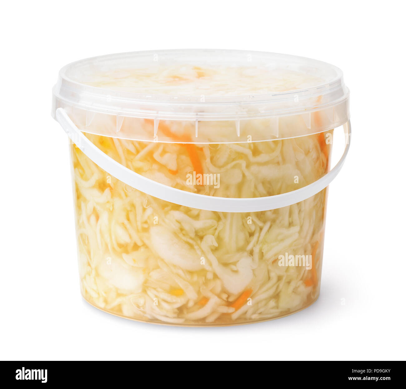 Plastic bucket full of sauerkraut isolated on white Stock Photo