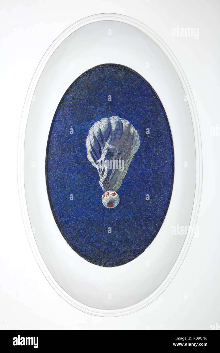 Soviet high-altitude balloon depicted in the ceiling mosaic designed by Soviet artist Alexander Deyneka in the Mayakovskaya metro station in Moscow, Russia. One of the mosaics from the set entitled Twenty-four Hours in the Soviet Sky assembled by Russian mosaic master Vladimir Frolov in the 1930s. Stock Photo