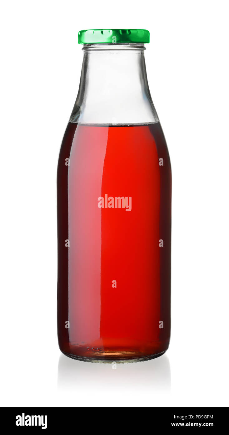 Glass bottle of cherry juice isolated on white Stock Photo