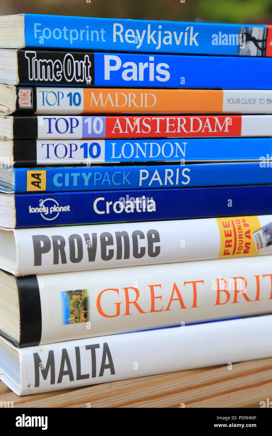 Stack of European travel guide books Stock Photo