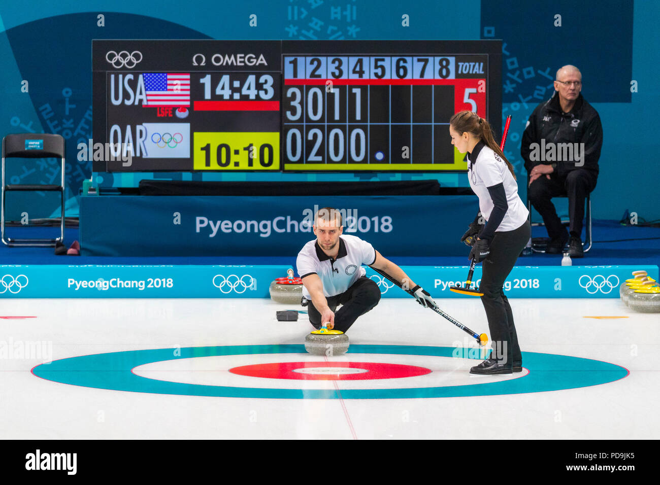 Anastasia BRYZGALOVA and Aleksandr KRUSHELNITCKII (OAR) competing in the  Mixed Doubles Curling round robin at the Olympic Winter Games PyeongChang 2  Stock Photo - Alamy