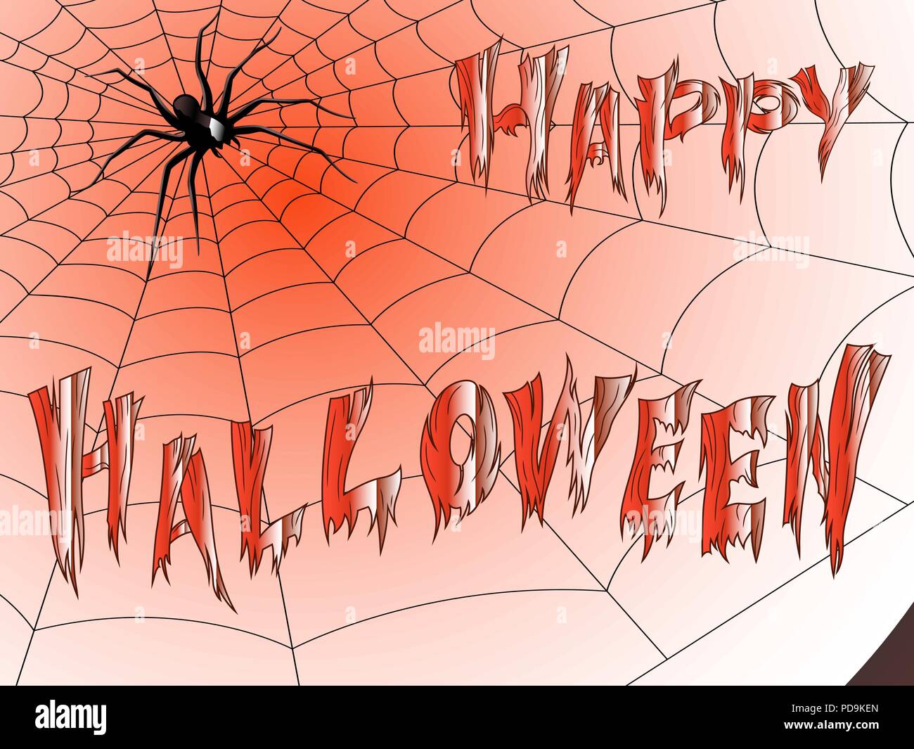 Postcard with spider web and terrible spider with the wishes of the happy Halloween on the background with gradient, vector as a holiday design Stock Vector
