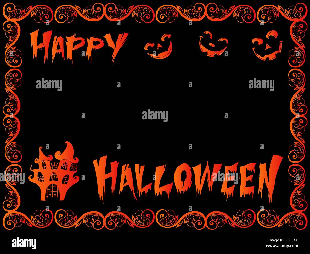 Postcard with bright orange the wishes of the happy Halloween and with decorative frame on the black background, vector hand drawing Stock Vector