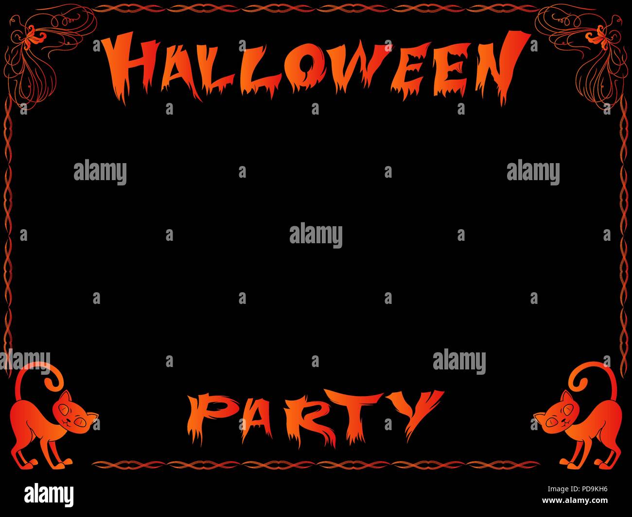 Inviting to Halloween party with bright orange lettering, cats and decorative frame on the black background, vector hand drawing Stock Vector