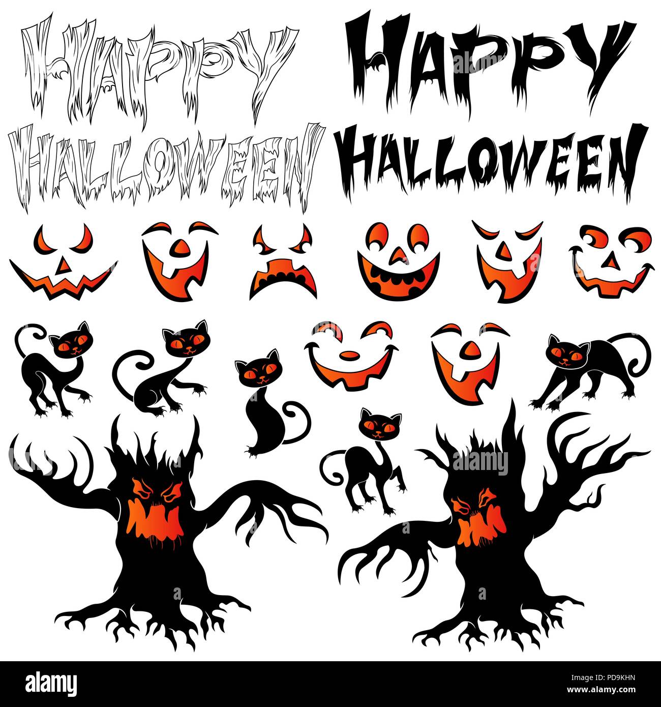 Stylized silhouettes set for happy Halloween isolated on the white background, black and orange vector for design postcards and posters Stock Vector