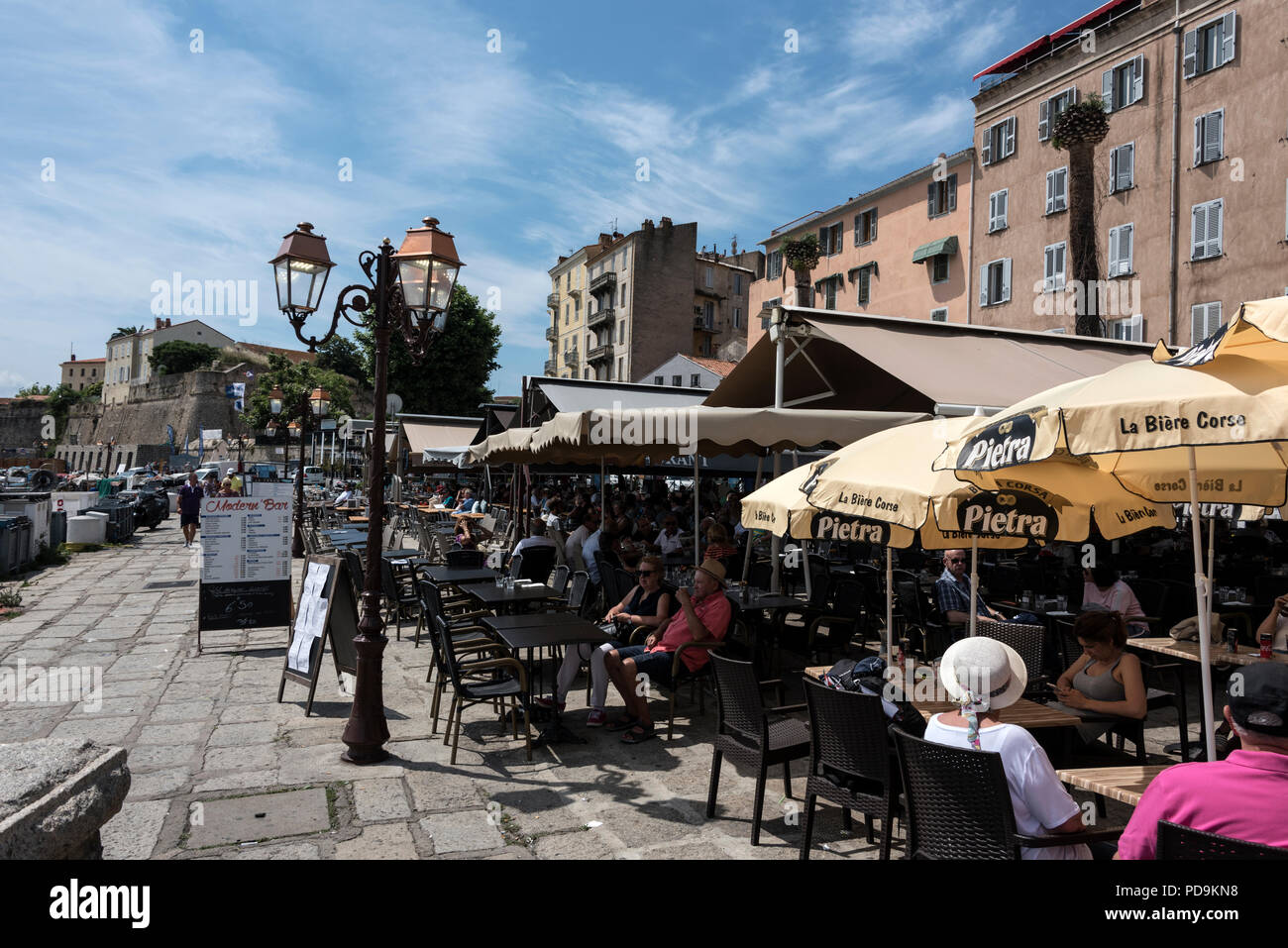 A row of restaurants along the Tino Rossi marina in the old Genoese  quarter of Ajaccio on Corsica, France Stock Photo