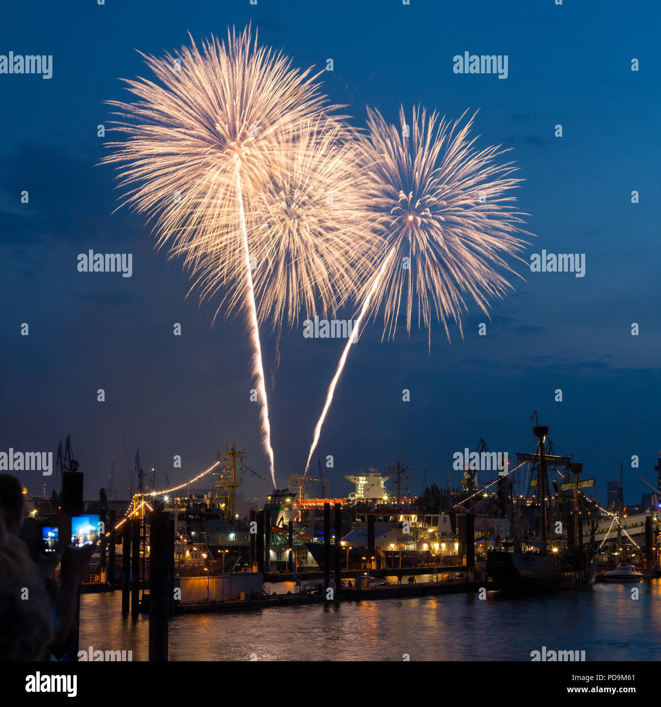 Fireworks over Hamburg harbor, Elbe, Hamburg Stock Photo