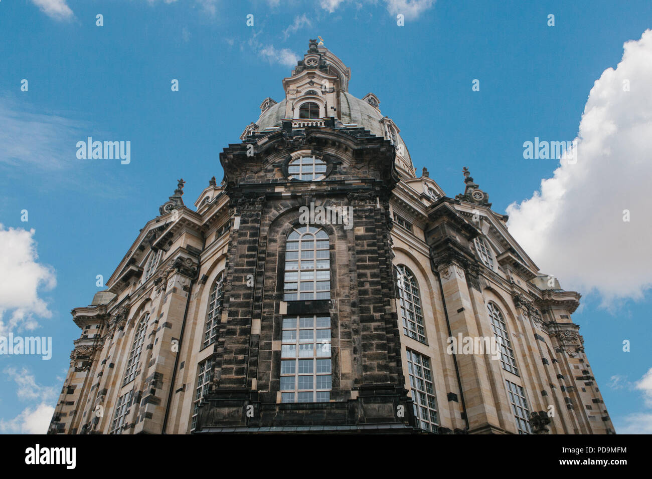 The church is called Frauenkirche against the blue sky in Dresden in Germany. Stock Photo