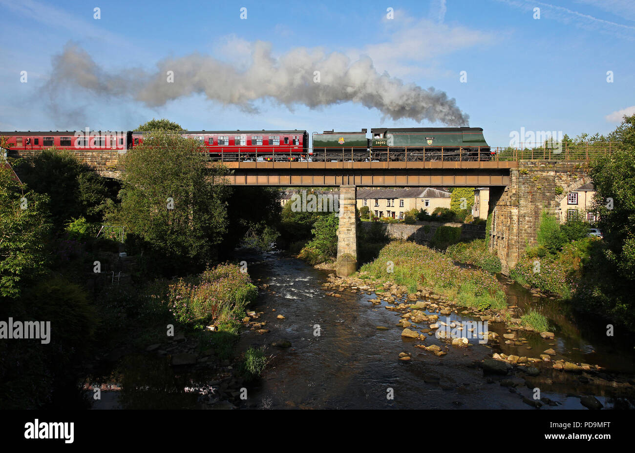 34092 heads away from Summerseat on the East Lancs Railway 10.9.15 Stock Photo