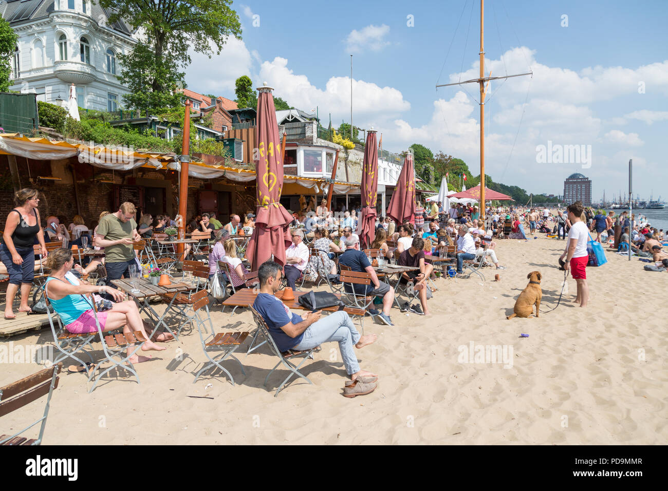 Many people in the restaurant on Elbe beach, beach bar Strandperle ...