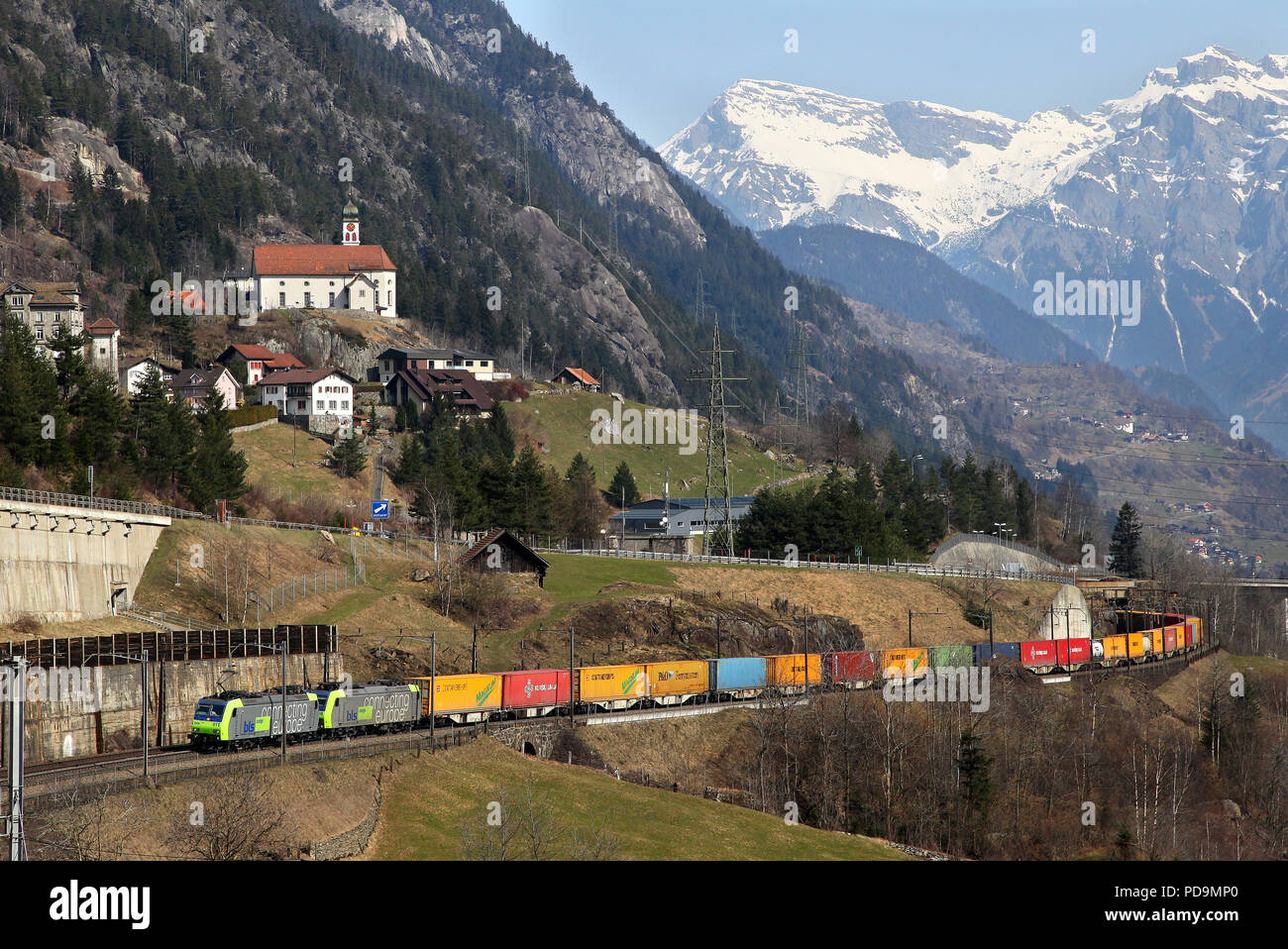 BLS Freight train at Wassen Switzerland on 20.3.15 Stock Photo