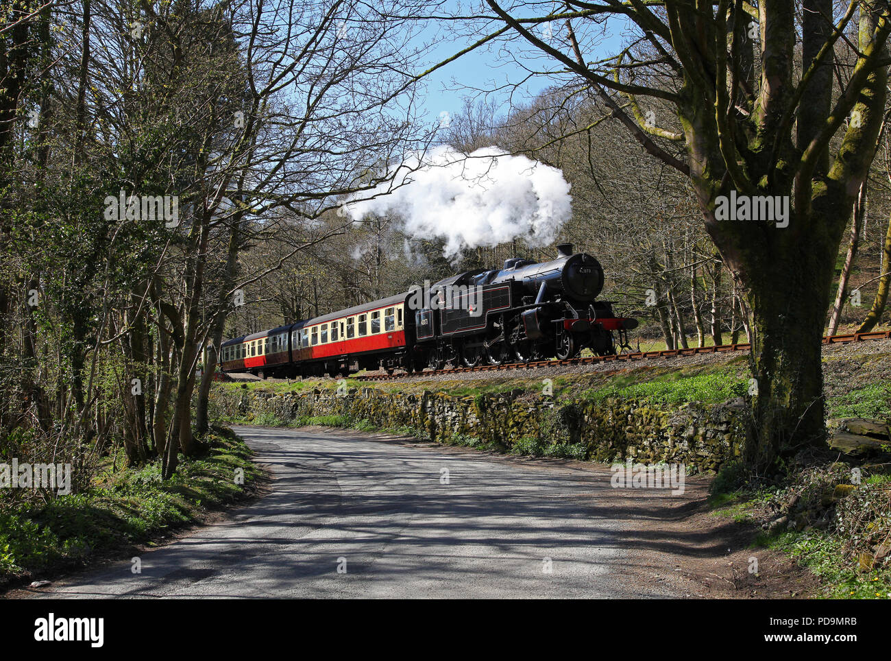 Newby Bridge Station on the Lakeside & Haverthwaite railway as 42073 departs. Stock Photo