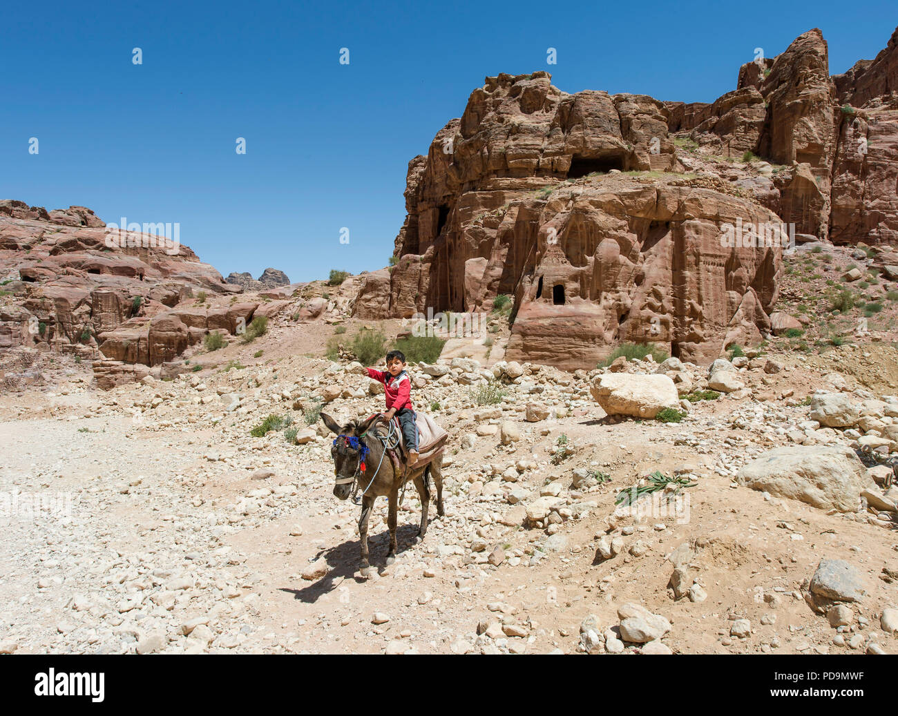 Little boy on a donkey, behind stone tombs, Petra, Jordan Stock Photo