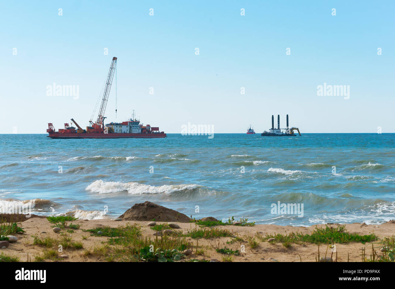 marine petroleum platform, drilling rig oil rig at sea, a drilling rig in the sea, offshore oil wells Stock Photo