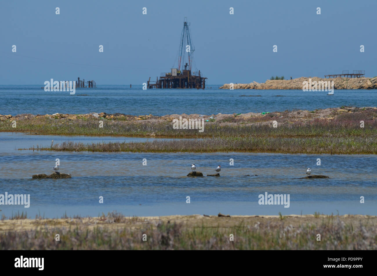 Caspian Sea pollution. Oil rigs close to the shore in Artyom island, Azerbaijan Stock Photo