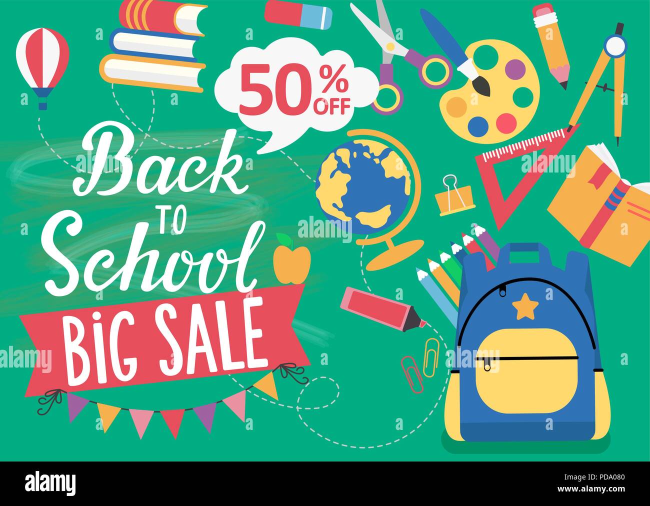 Banner Back To School big sale with different educational tools Flat