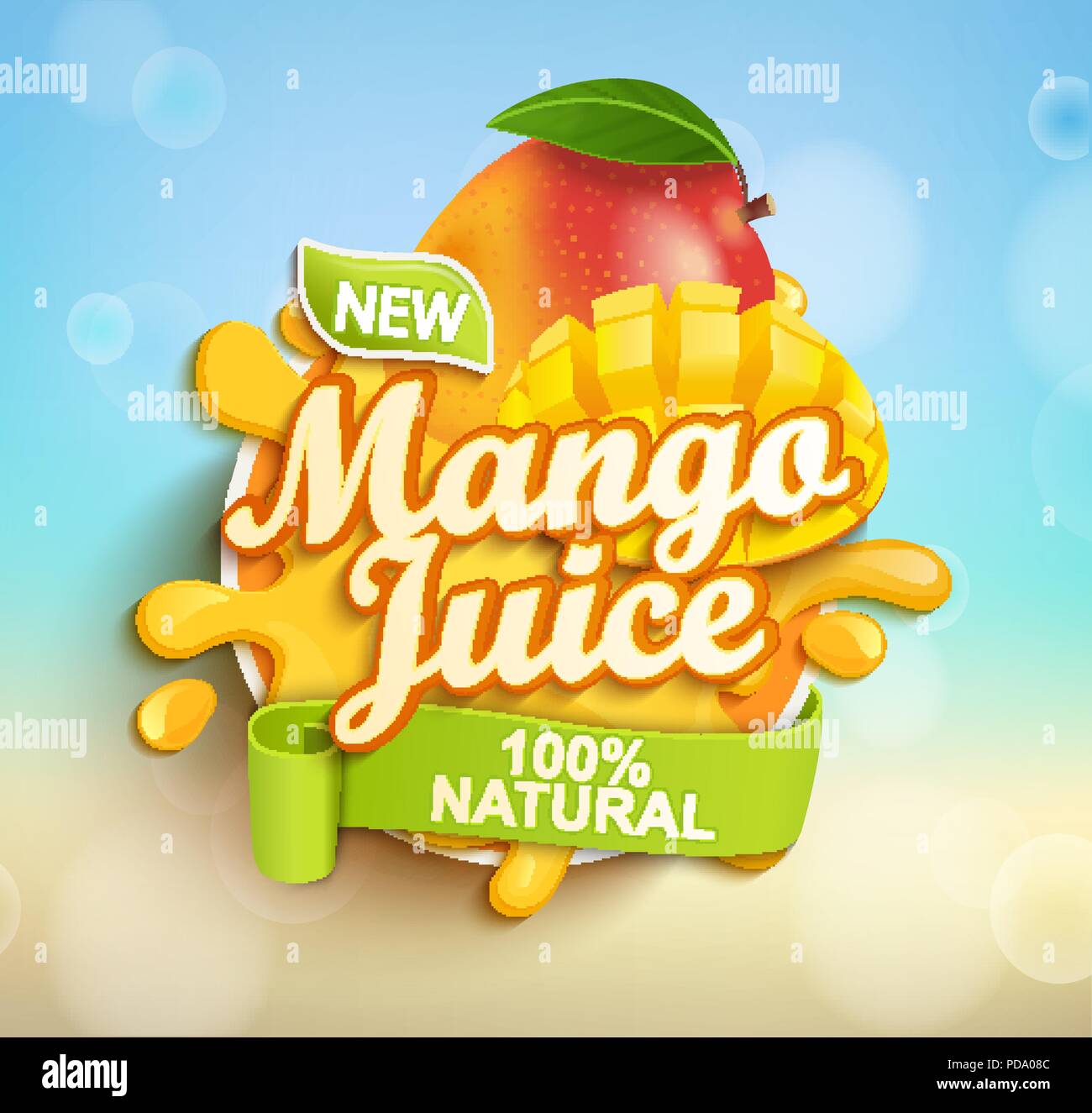 Fresh and natural Mango juice with mango slices in juice splash. Perfect for retail marketing promotion and advertising. Vector illustration. Stock Vector