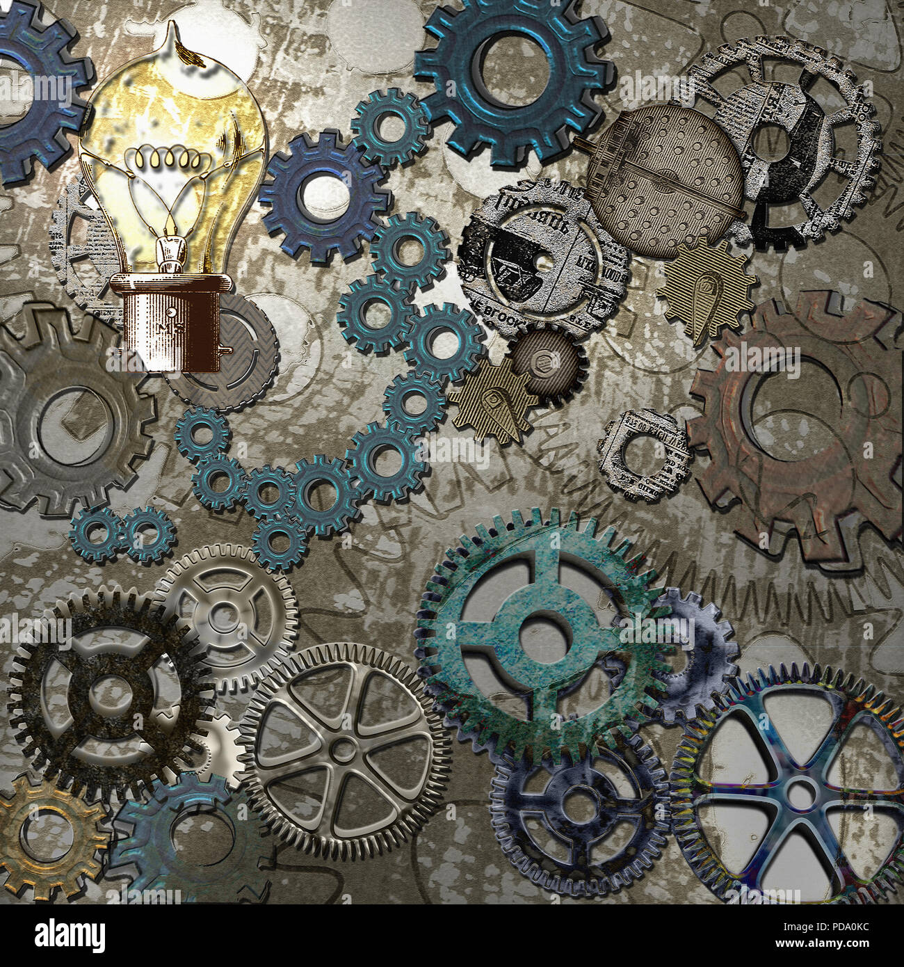 Assorted gears and an illuminated light bulb, in steampunk style ...