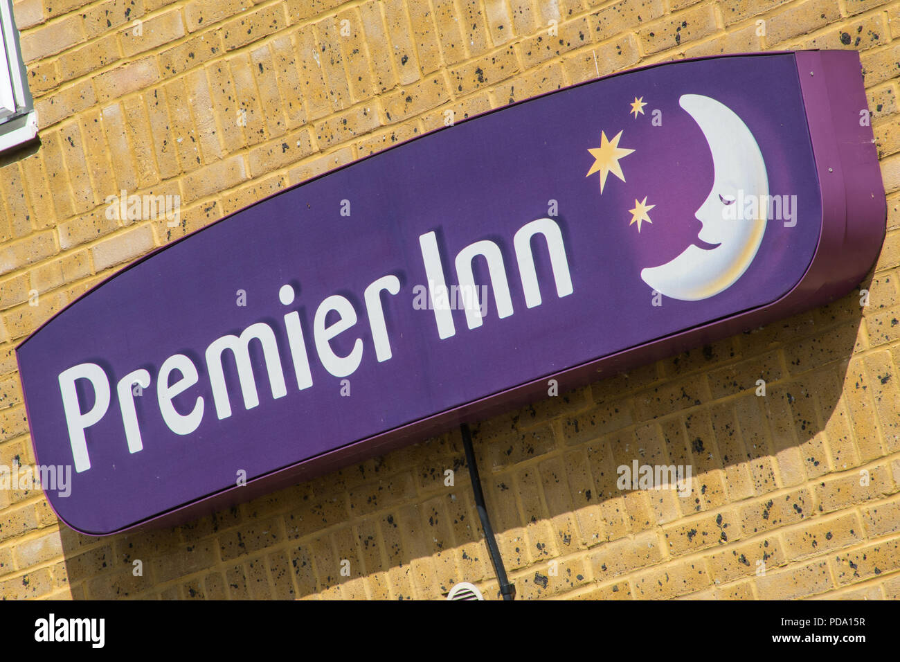 Premier Inn sign and logo on exterior of a hotel, UK Stock Photo