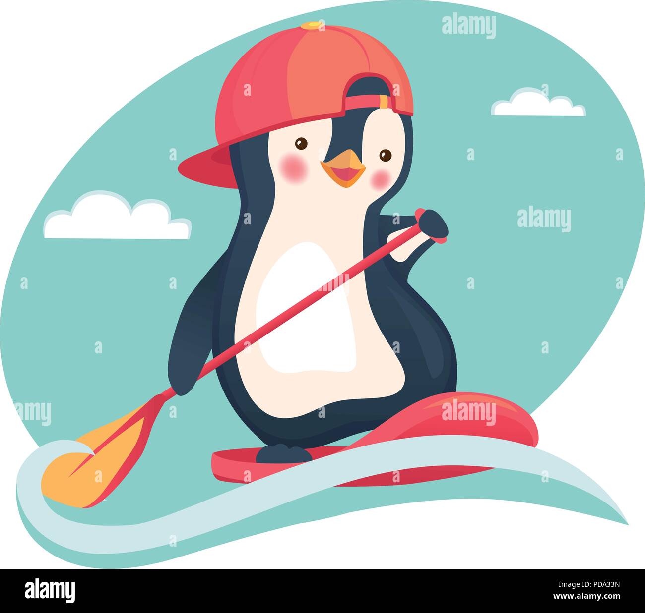 Penguin floating on SUP board. Paddle board. Penguin vector illustration Stock Vector
