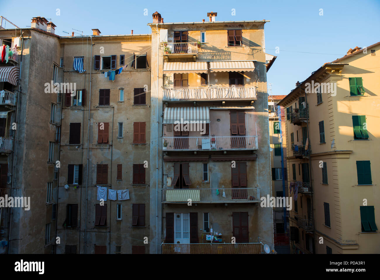 Apartment building in La Spezia, Italy with laundry hanging out to dry