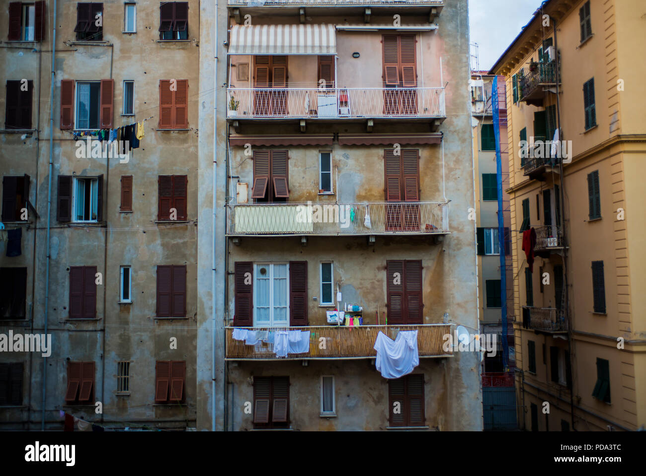 Apartment building in La Spezia, Italy with laundry hanging out to dry
