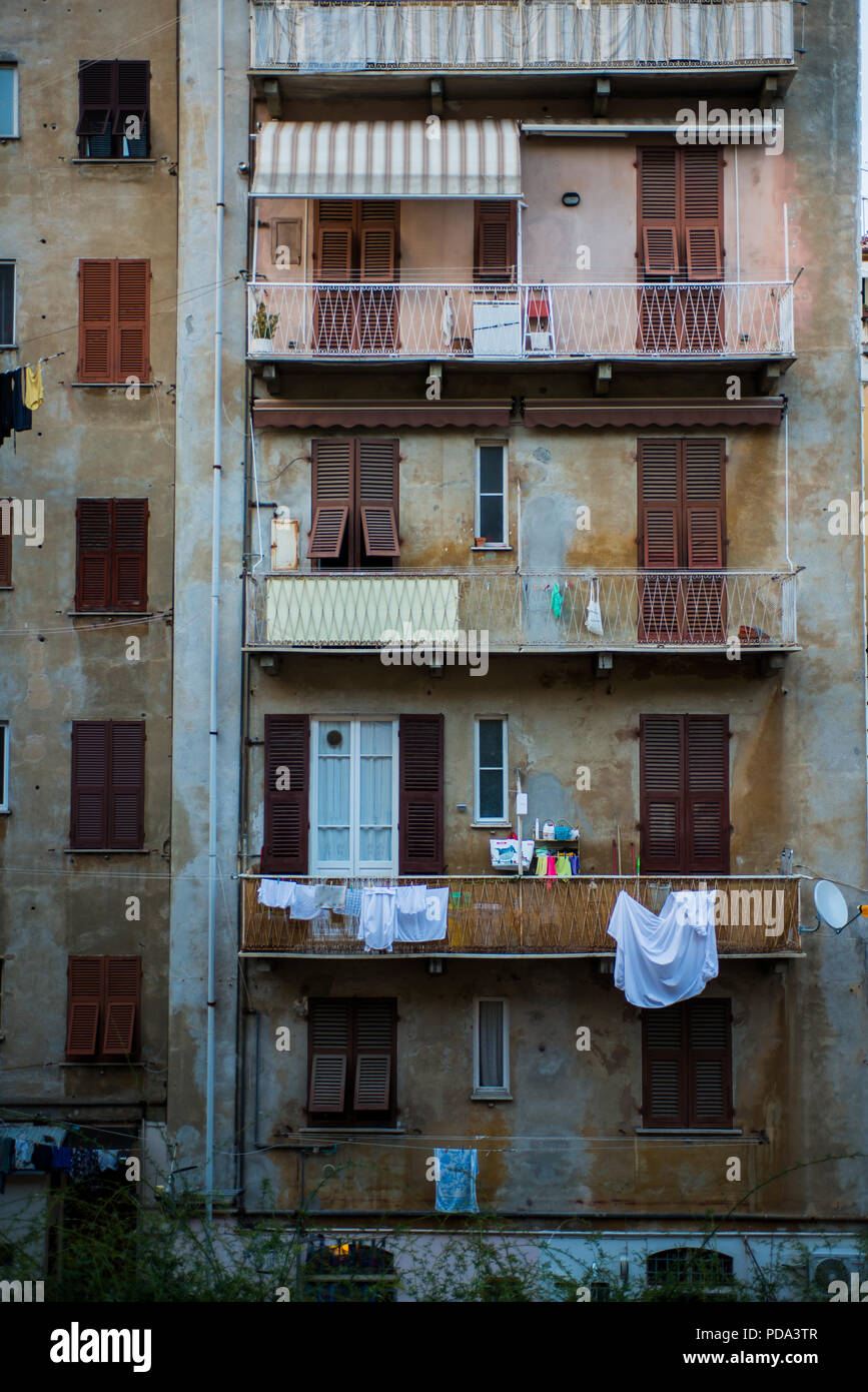 Apartment building in La Spezia, Italy with laundry hanging out to dry