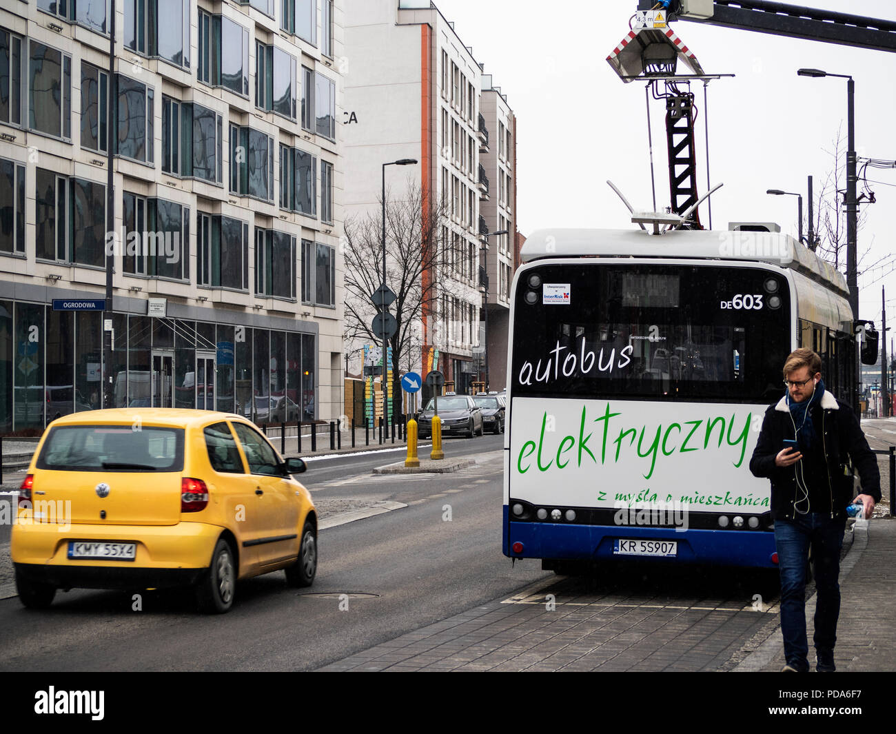 POLAND, KRAKOW March 19, 2018 City bus with electric motor on charging near the central