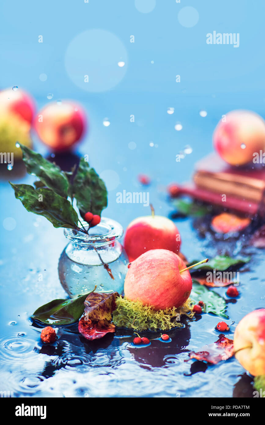 Autumn apples still life. Fall harvest under the rain with water drops and copy space. Red small organic ranet apples with a glass jar and fallen leaves Stock Photo