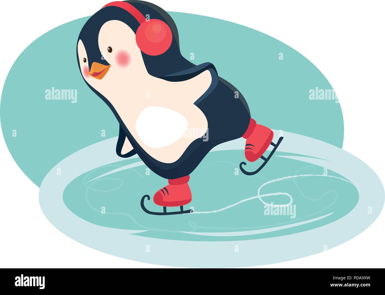 Penguin cartoon. Penguin ice skates on ice skating rink in the winter vector illustration. Activity in winter. Stock Vector