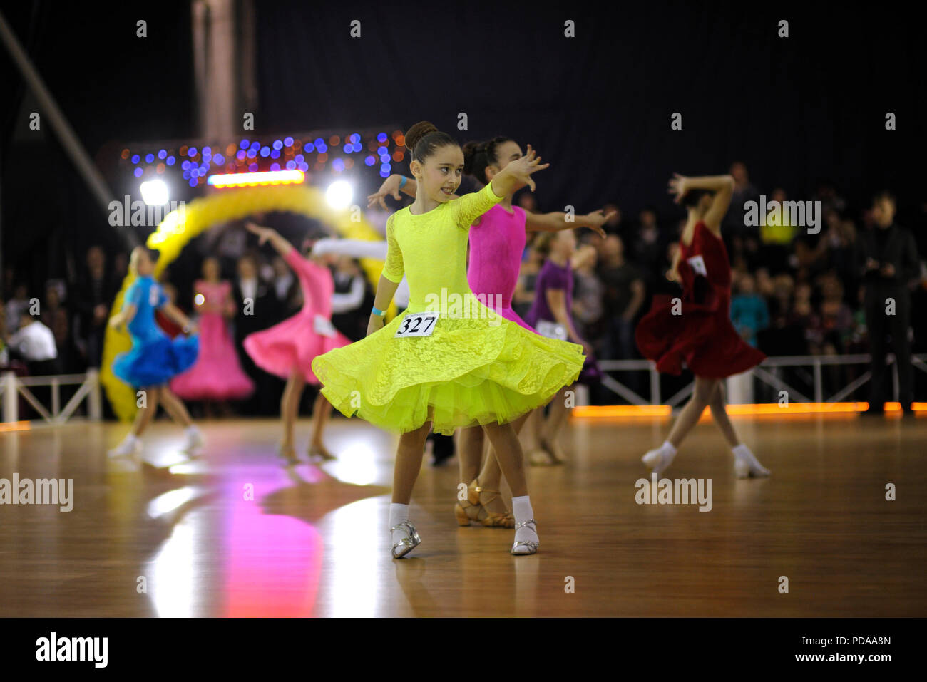 Baby dancers performing at the ballroom during Ukraine Cup among juniors and babies. July 25, 2018. Kiev, Ukraine Stock Photo
