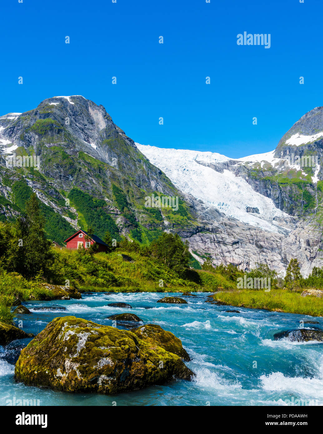 Bøyumbreen, a glacier in Western Norway. Bøyumbreen, or Bøyabreen, is an arm of Norway´s largest glacier, Jostedalsbreen in Sogn og Fjordane. Stock Photo