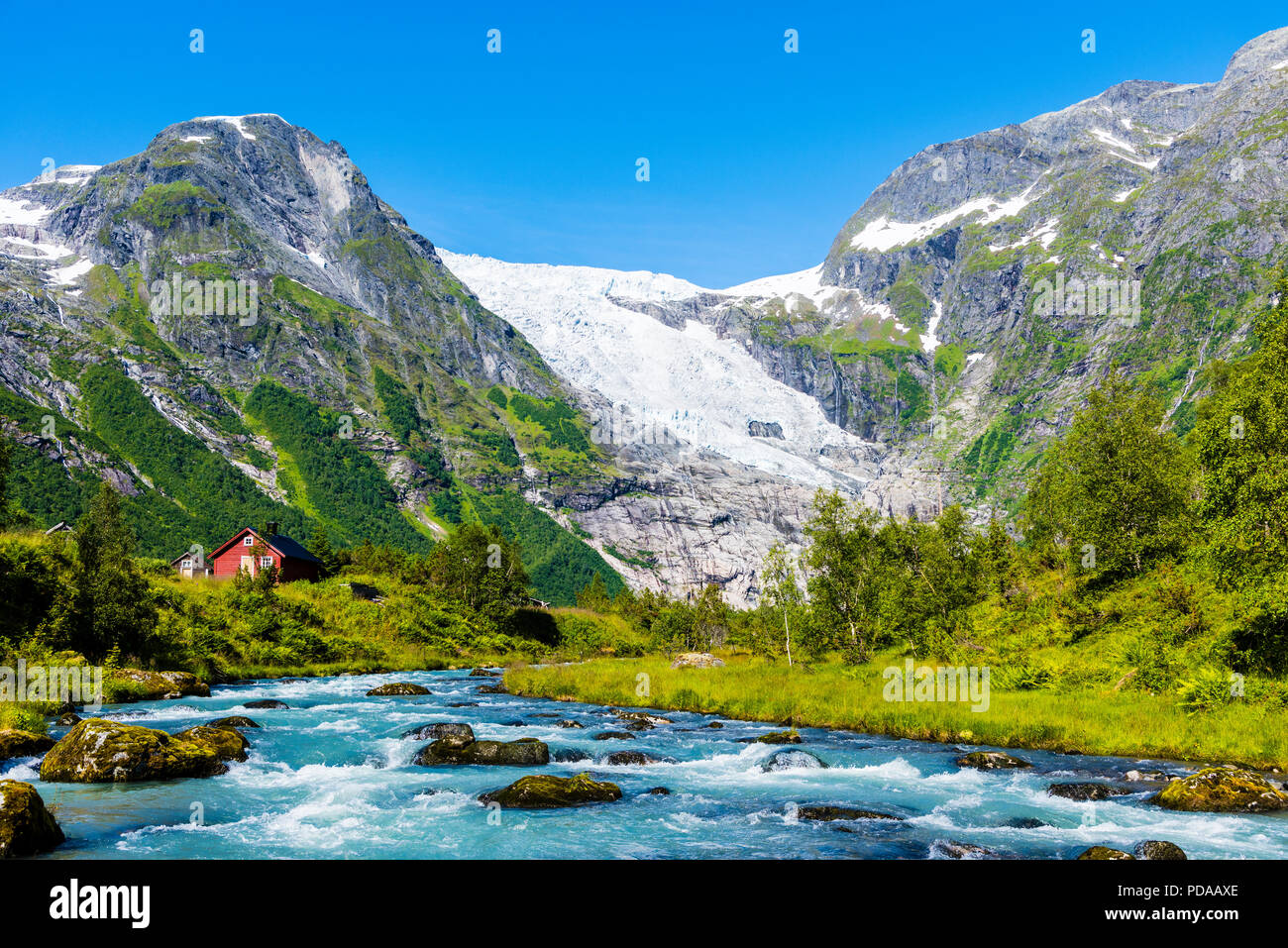 Bøyumbreen, a glacier in Western Norway. Bøyumbreen, or Bøyabreen, is an arm of Norway´s largest glacier, Jostedalsbreen in Sogn og Fjordane. Stock Photo