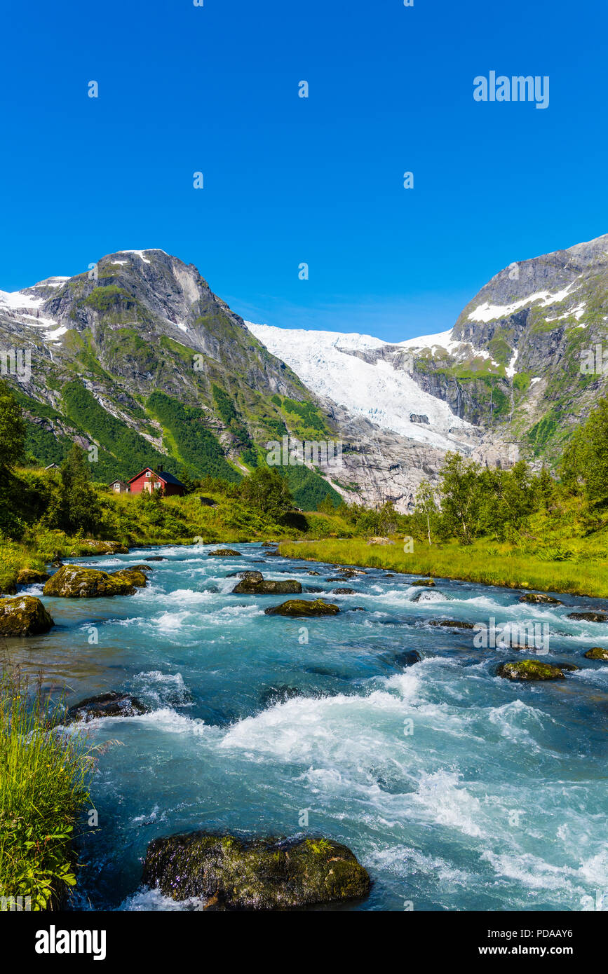 Bøyumbreen, a glacier in Western Norway. Bøyumbreen, or Bøyabreen, is an arm of Norway´s largest glacier, Jostedalsbreen in Sogn og Fjordane. Stock Photo