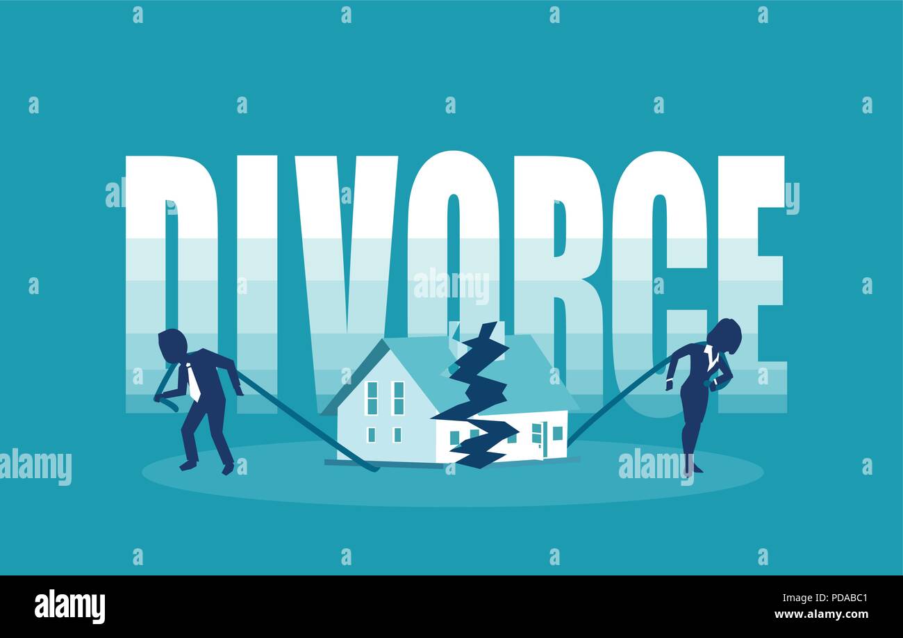 Divorce and marriage problems vector concept. Man and a woman are dragging apart their half of the house. Stock Vector
