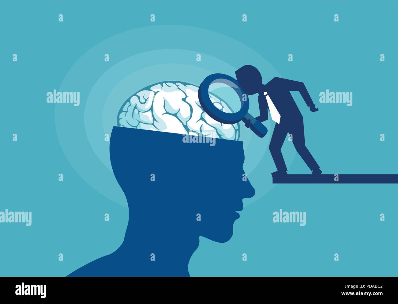 Blue vector of person with magnifier exploring brain of human studying mind and psychology on blue background Stock Vector