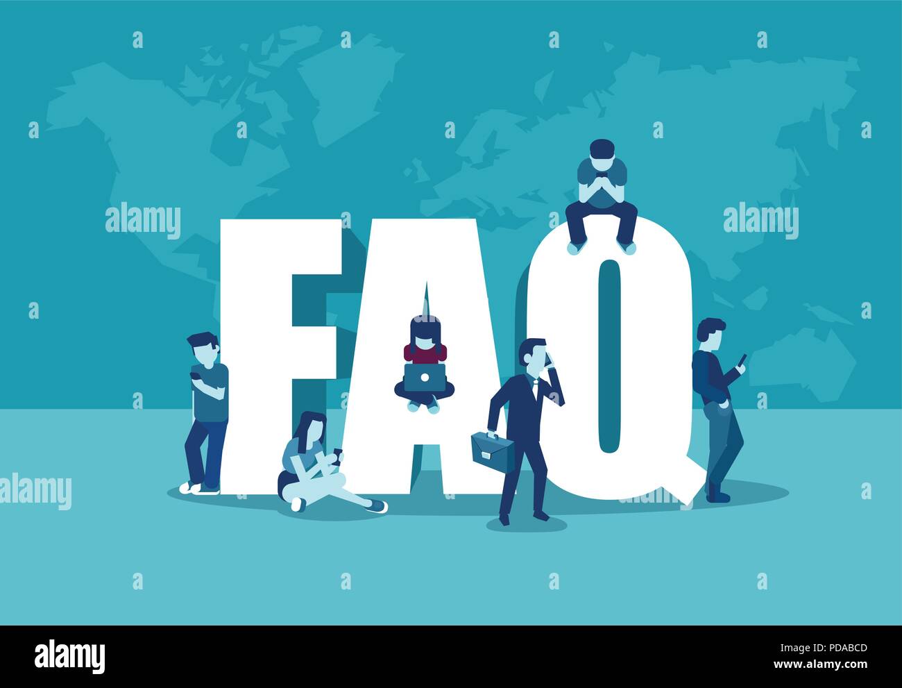 Frequently asked questions concept. Vector of young people a businessman standing near letters and using smart phone, laptop and digital tablet on wor Stock Vector
