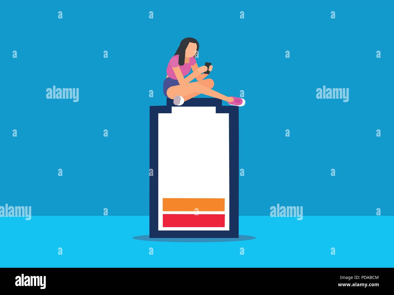 Vector of a low battery concept with young woman using smartphone Stock Vector