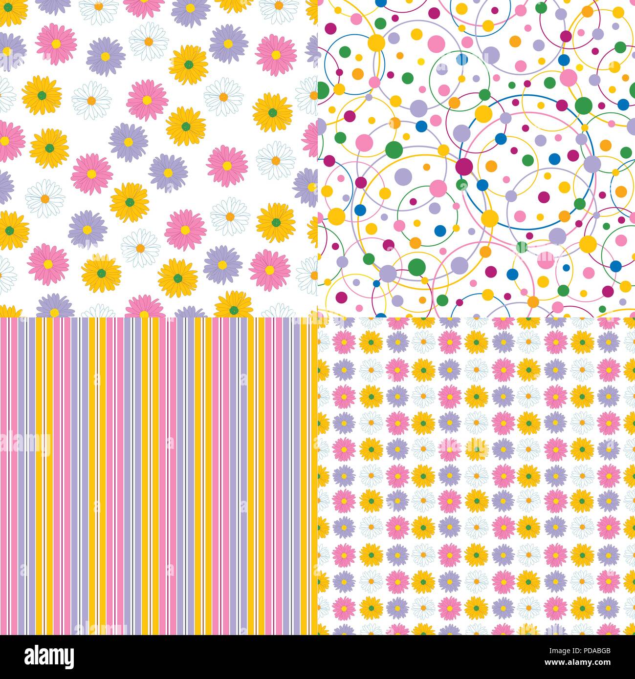 Set of four seamless pattern. Flower, lines, circles Stock Vector
