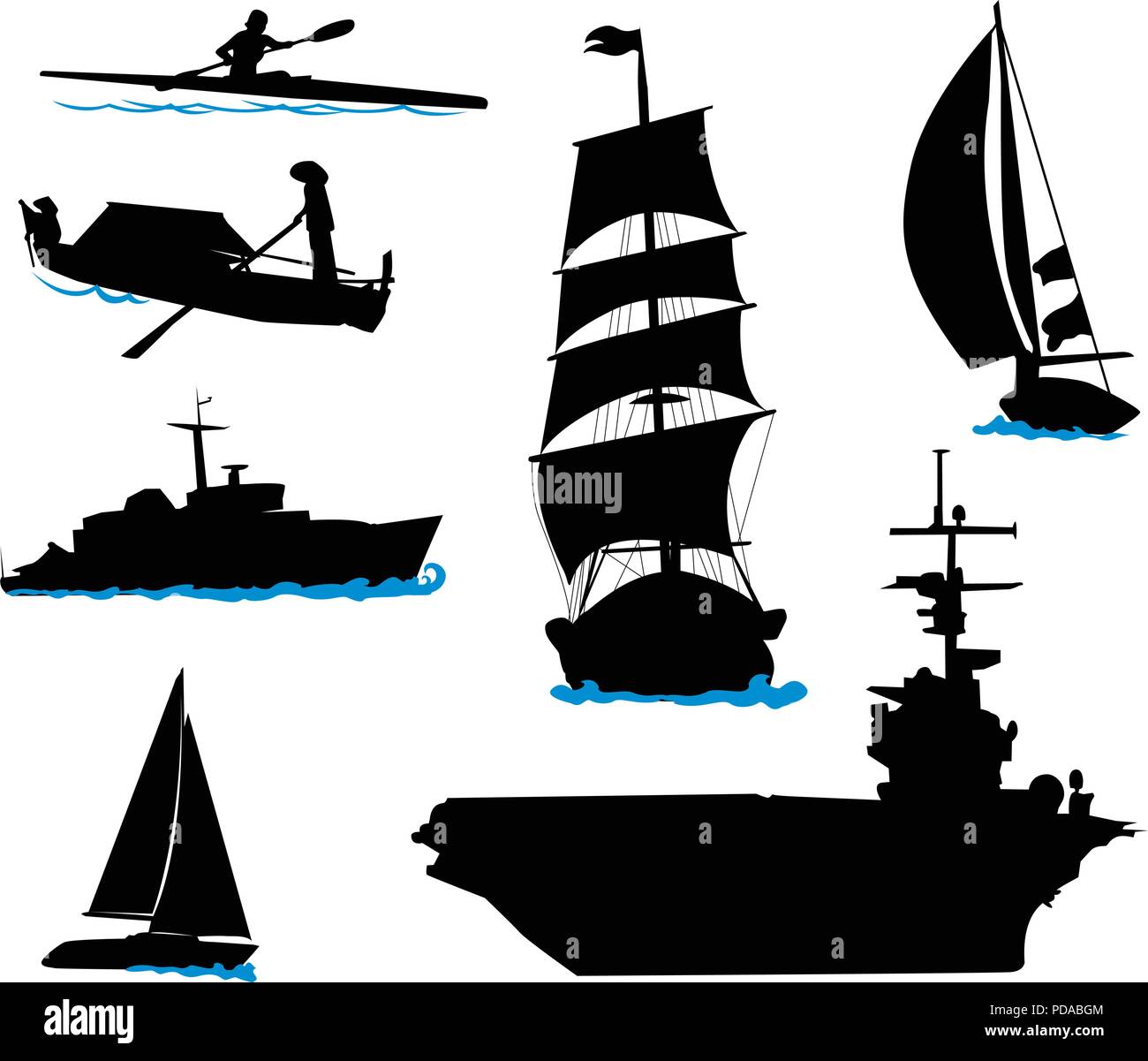 Silhouettes of offshore ships - yacht, fishing boat, the warship Stock ...