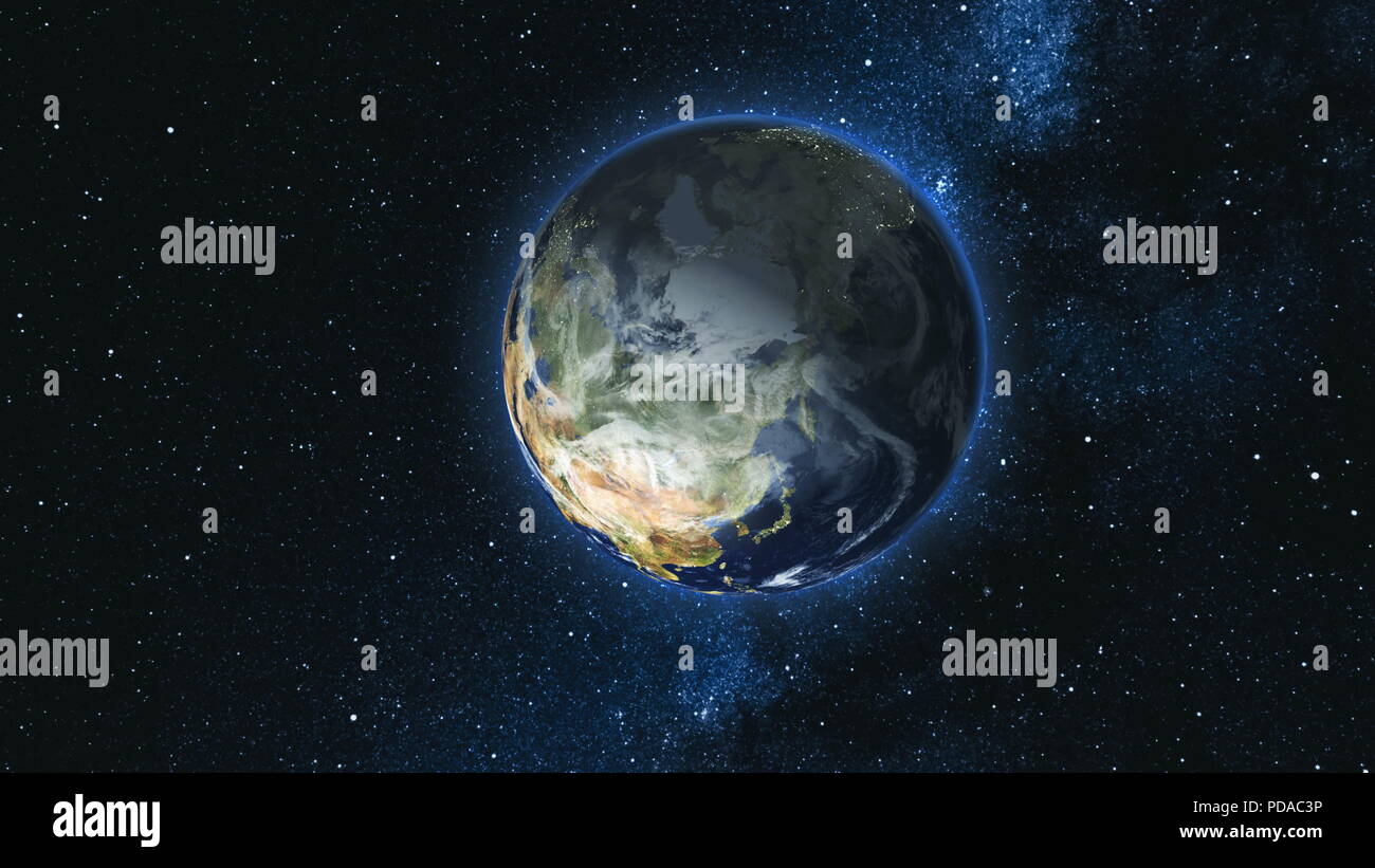 Realistic Earth Planet, rotating on its axis in space against the ...