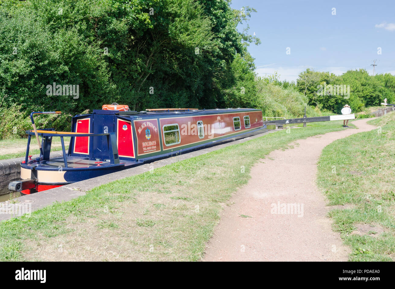 Narrowboat passing through one of the many locks on the Worcester and