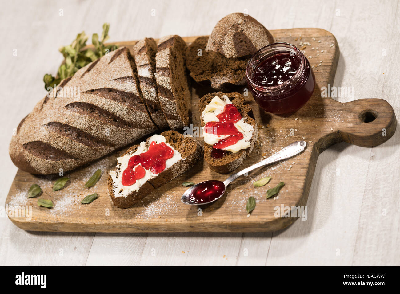 Sandwiches With Bread Butter And Jam Stock Photo Alamy