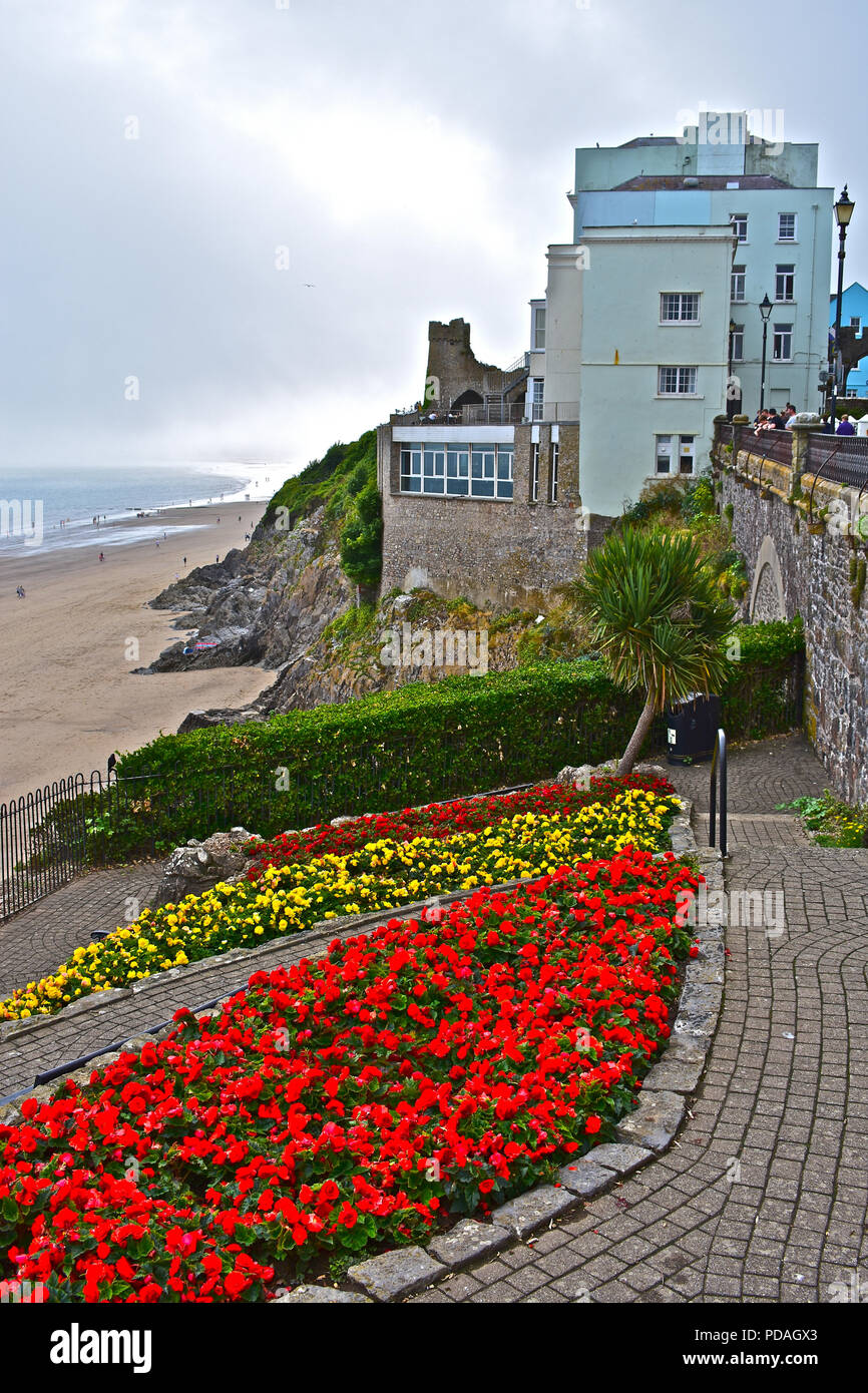 The Imperial Hotel,Tenby, Pembrokeshire, W.Wales, occupies a wonderful location overlooking the sea & beach.Pretty flowers in foreground. Stock Photo
