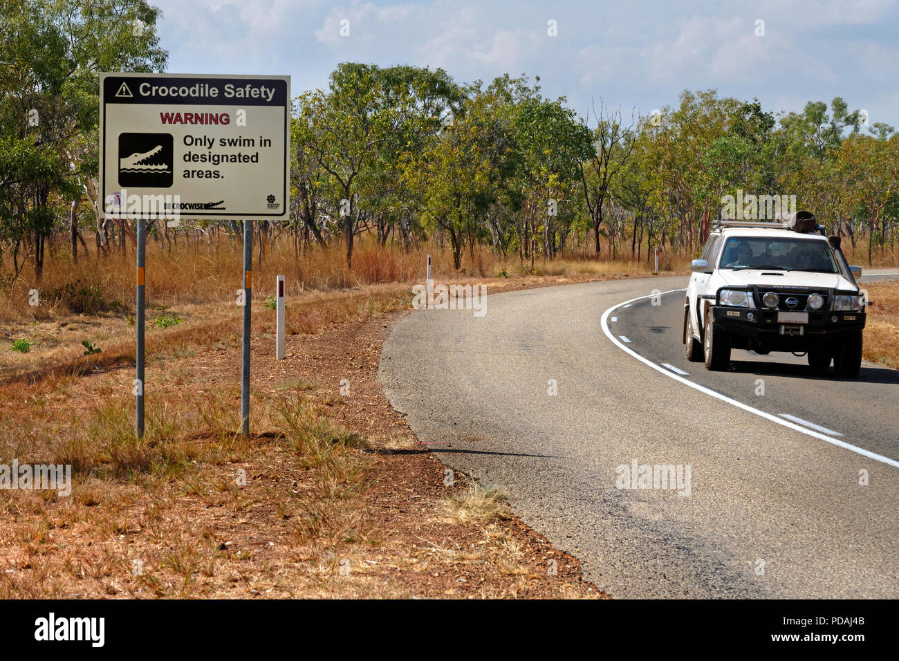 Road side Crocodile warning sign, Nitmiluk National Park, Northern Territory, Australia Stock Photo