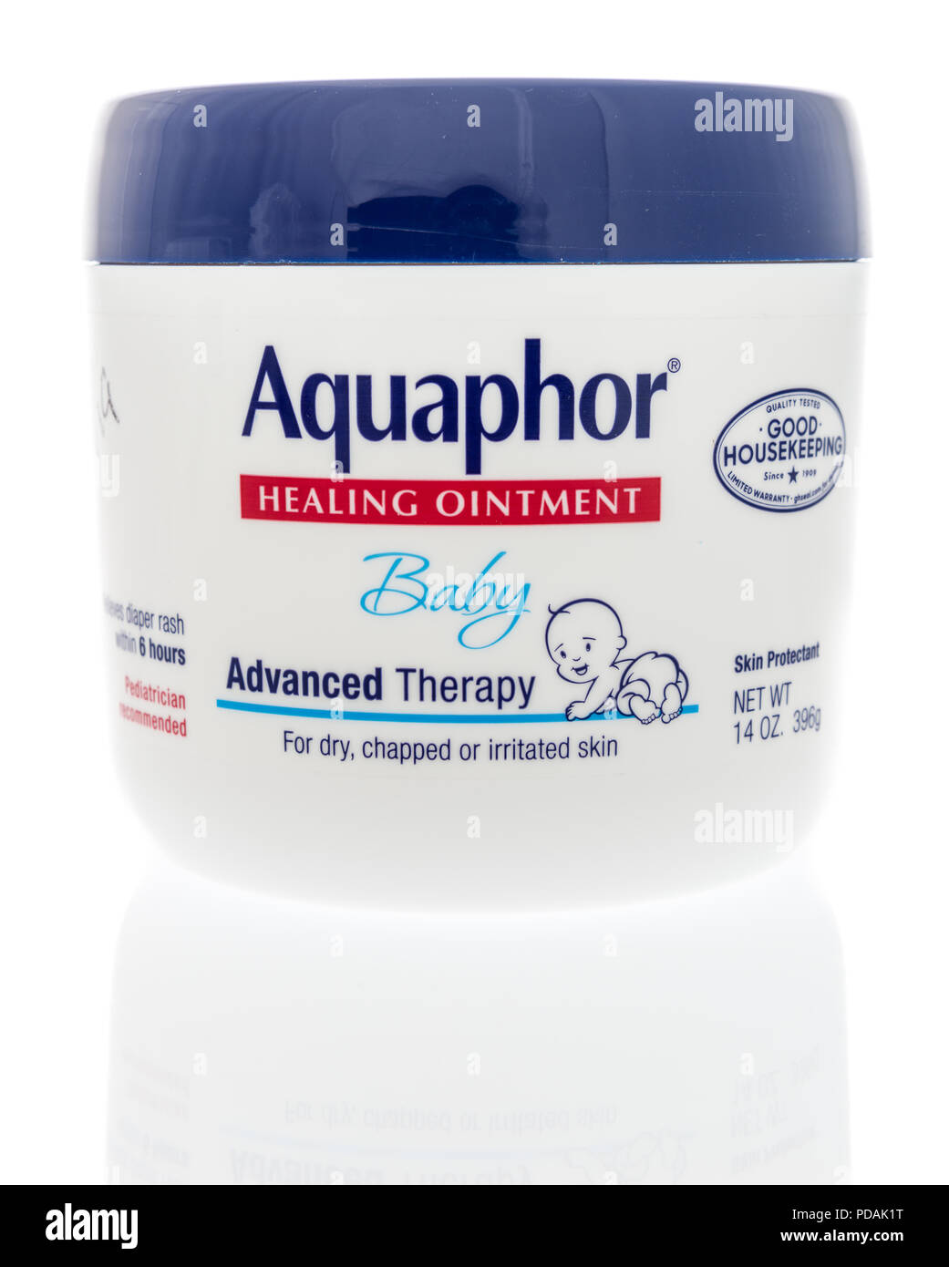 Winneconne, WI - 5 August 2018: A tub of Aquaphor healing ointment for baby on an isolated background Stock Photo