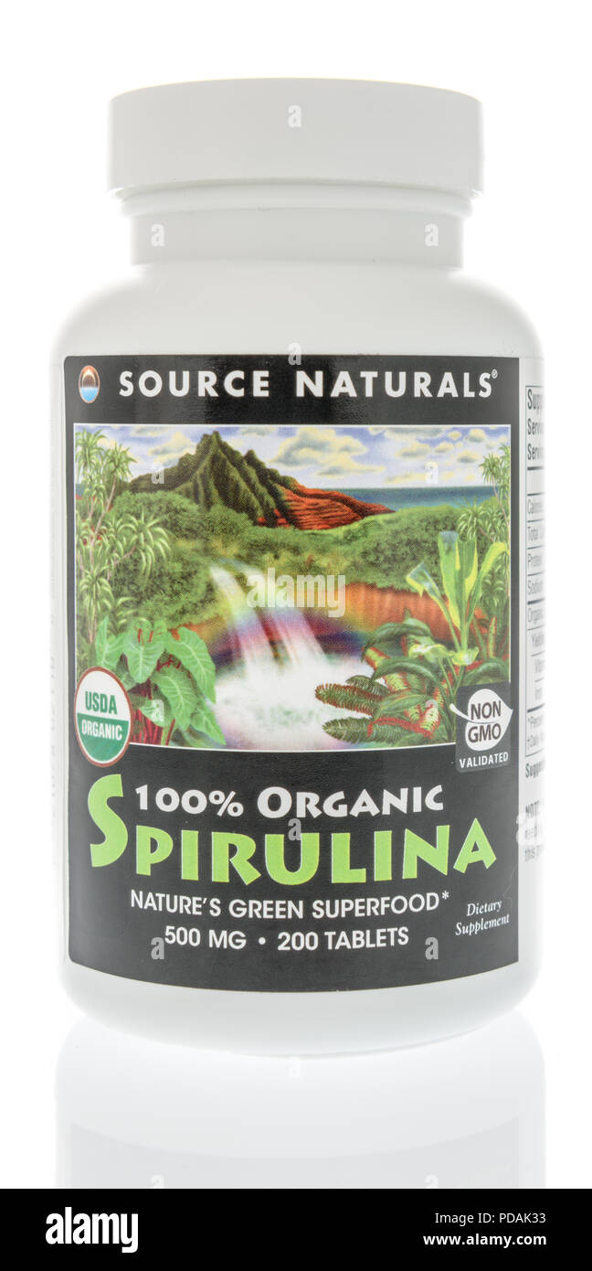 Winneconne, WI - 7 August 2018: A bottle of Souce Naturals spirulina supplement on an isolated background Stock Photo