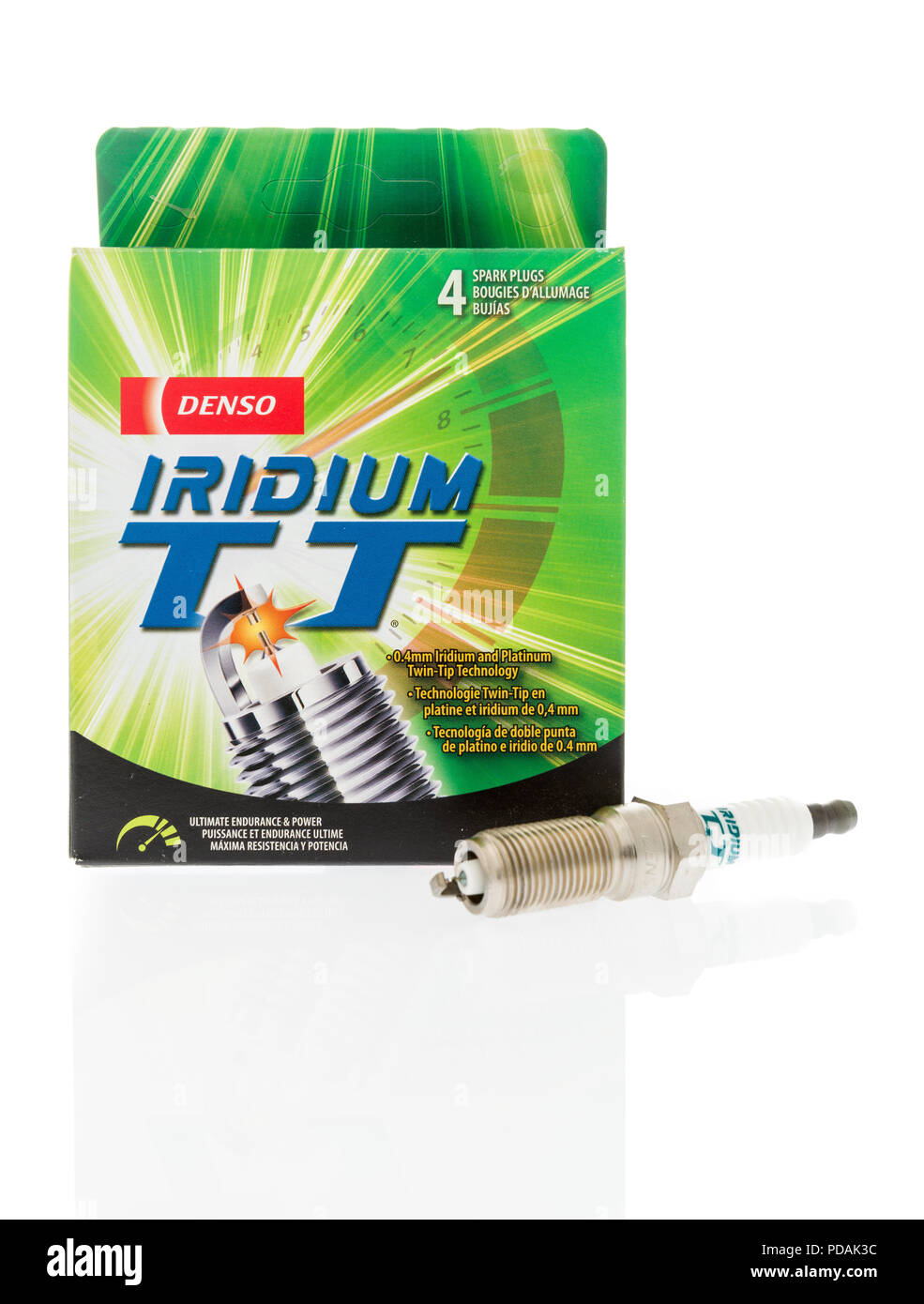 Winneconne, WI - 7 August 2018: A package of Denso Iridium spark plugs on an isolated background Stock Photo
